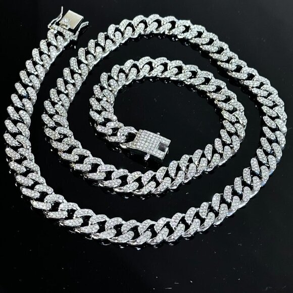 Cuban Link Miami Bling Glittery Silver Unisex necklace Men Women NWT 28" - Picture 2 of 7